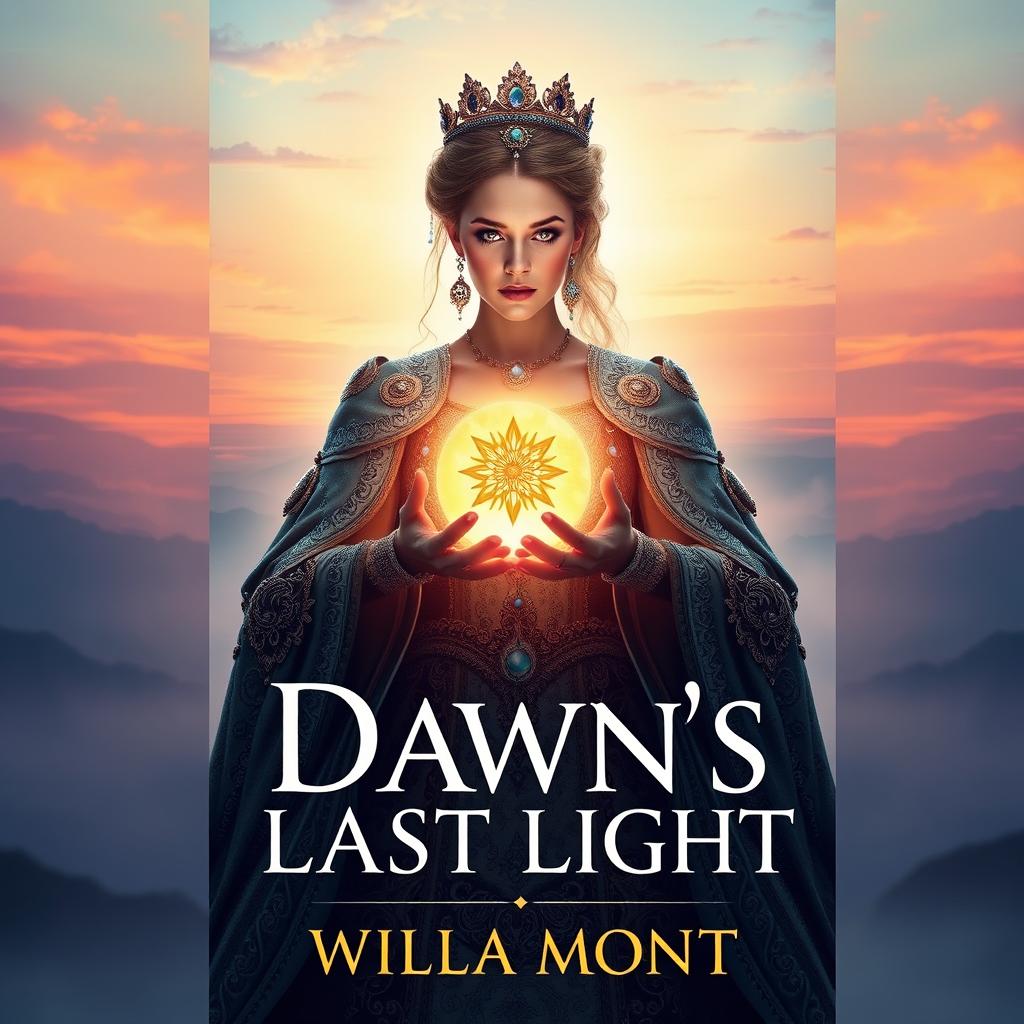 A stunning book cover for 'Dawn's Last Light' by Willa Mont, featuring a regal woman holding an orb that resembles the sun in her hands