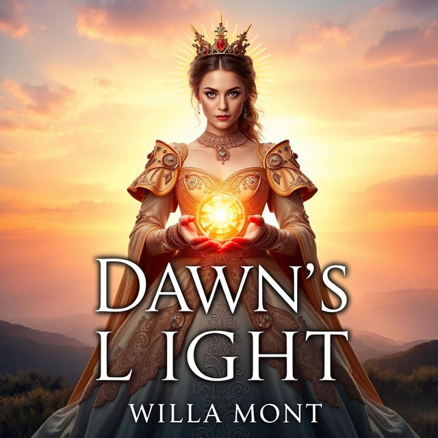 A stunning book cover for 'Dawn's Last Light' by Willa Mont, featuring a regal woman holding an orb that resembles the sun in her hands