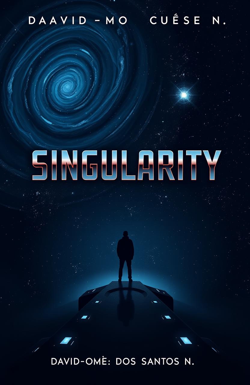 A stunning and dark book cover design for a space sci-fi novel titled 'Singularity' by author 'David-Moïse Dos Santos N