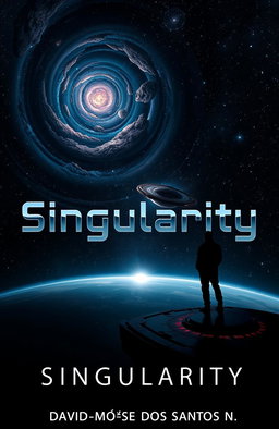 A stunning and dark book cover design for a space sci-fi novel titled 'Singularity' by author 'David-Moïse Dos Santos N