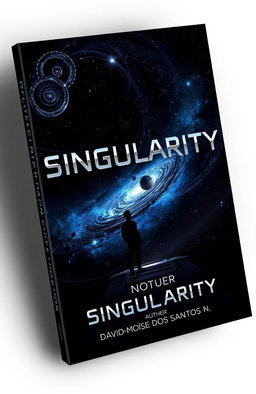 A stunning and dark book cover design for a space sci-fi novel titled 'Singularity' by author 'David-Moïse Dos Santos N