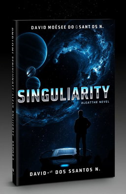 A stunning and dark book cover design for a space sci-fi novel titled 'Singularity' by author 'David-Moïse Dos Santos N