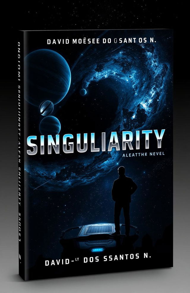 A stunning and dark book cover design for a space sci-fi novel titled 'Singularity' by author 'David-Moïse Dos Santos N