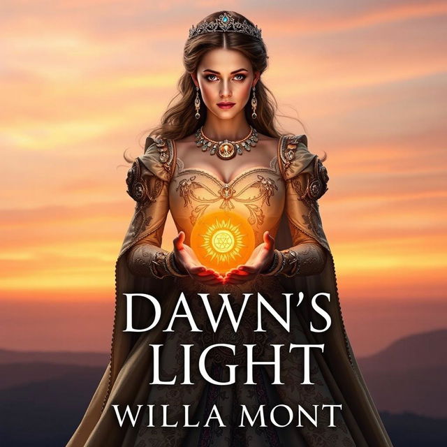 A striking book cover for 'Dawn's Last Light' by Willa Mont, featuring a royal woman with an air of majesty, gracefully holding an orb that resembles the sun in her hands