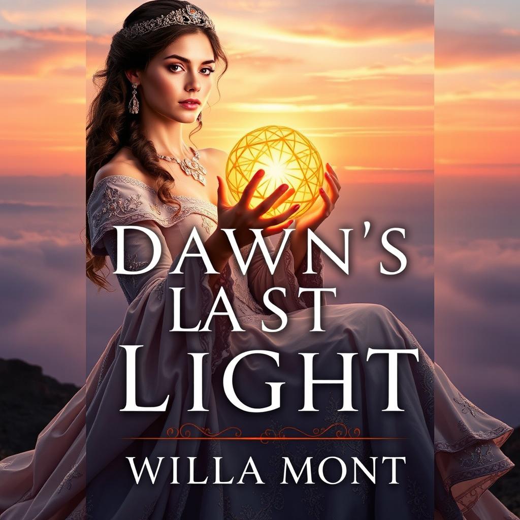 A striking book cover for 'Dawn's Last Light' by Willa Mont, featuring a royal woman with an air of majesty, gracefully holding an orb that resembles the sun in her hands