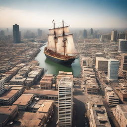 A high-quality cinematic photograph of a vessel ship flying above a bustling African city