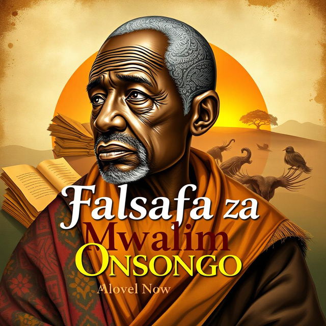 A captivating cover page for a novel titled "Falsafa za Mwalimu Onsongo"