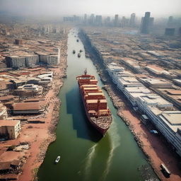 A high-quality cinematic photograph of a vessel ship flying above a bustling African city