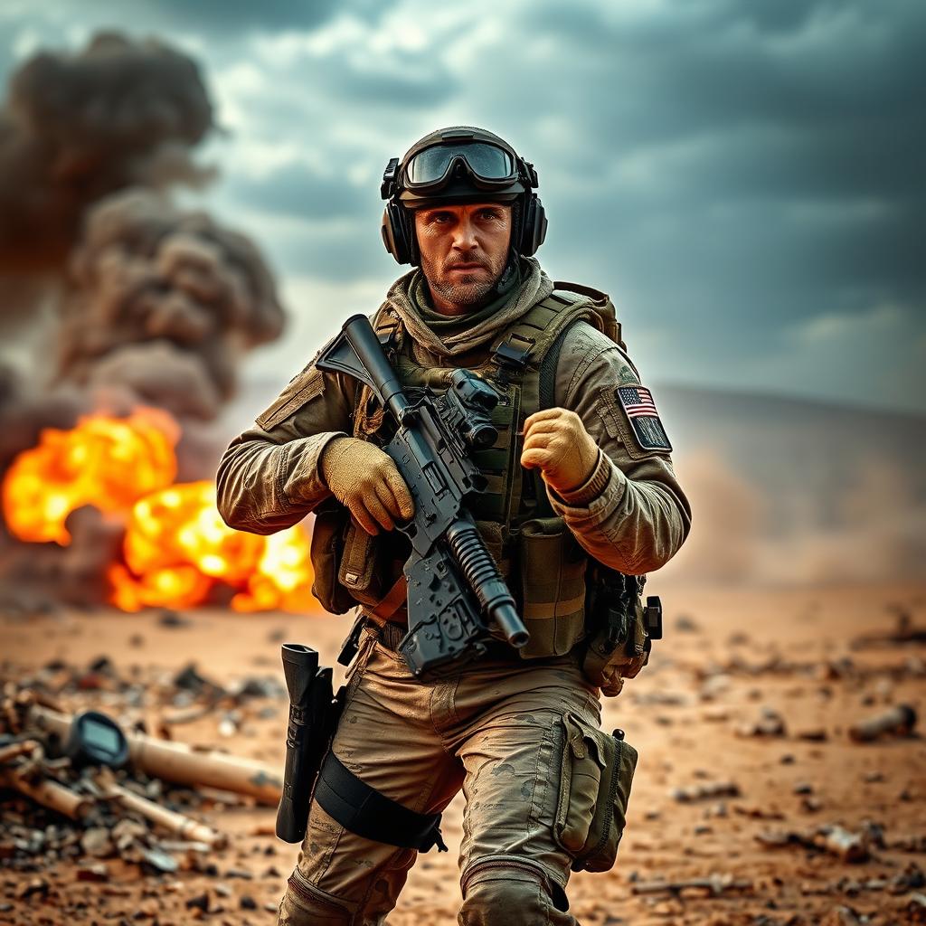 A USA Commando in a tactical battlefield setting, showcasing mastery in combat, situated in the region of Ghaza