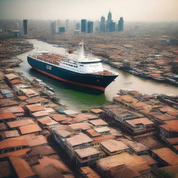 A high-quality cinematic photograph of a vessel ship flying above a bustling African city