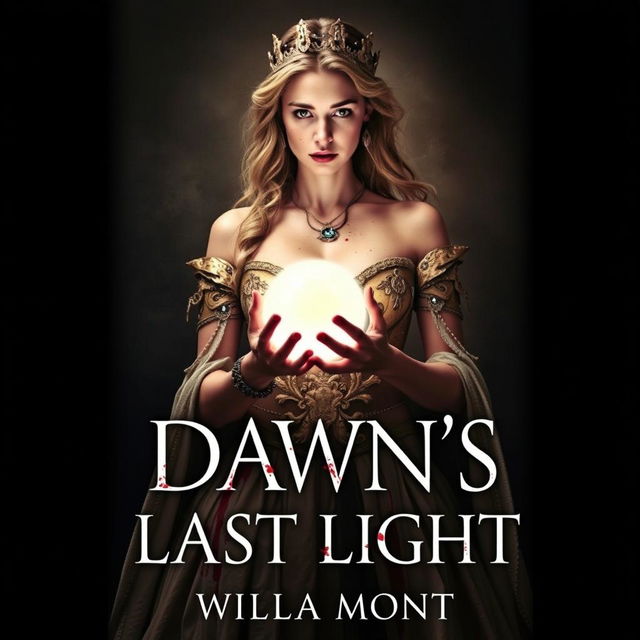 A captivating and dramatic book cover for 'Dawn's Last Light' by Willa Mont, featuring a royal woman dressed in a revealing gown that is elegant yet tattered, adorned with intricate designs and vividly marked with bloodstains, symbolizing a dark past