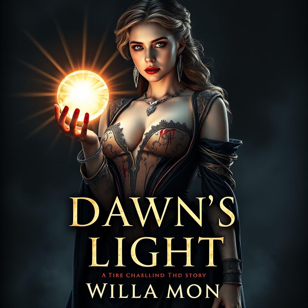 A captivating and dramatic book cover for 'Dawn's Last Light' by Willa Mont, featuring a royal woman dressed in a revealing gown that is elegant yet tattered, adorned with intricate designs and vividly marked with bloodstains, symbolizing a dark past