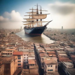 A high-quality cinematic photograph of a vessel ship flying above a bustling African city