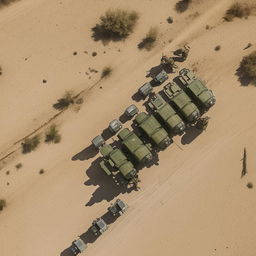 aerial view of 2 armored vehicles on a one-lane freeway followed by 10 combatants in military fatigue, armed with assault rifles, missile launcher and radio