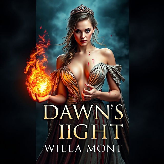 A visually striking book cover for 'Dawn's Last Light' by Willa Mont, featuring a royal woman clad in a revealing gown that is both elegant and tattered, accentuated with vivid bloodstains that tell a story of battle or sorrow