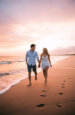 A beautifully romantic scene depicting a sunset on a serene beach, where a couple is walking hand-in-hand along the shoreline