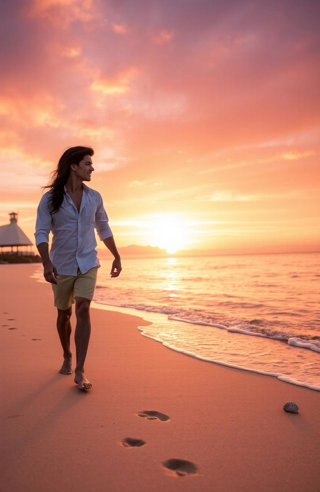 A beautifully romantic scene depicting a sunset on a serene beach, where a couple is walking hand-in-hand along the shoreline