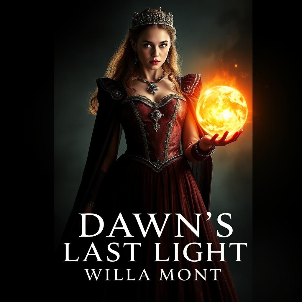 An intense and evocative book cover for 'Dawn's Last Light' by Willa Mont, featuring a royal woman adorned in a striking gown that showcases bloodstains, hinting at a tumultuous history