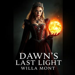 An intense and evocative book cover for 'Dawn's Last Light' by Willa Mont, featuring a royal woman adorned in a striking gown that showcases bloodstains, hinting at a tumultuous history