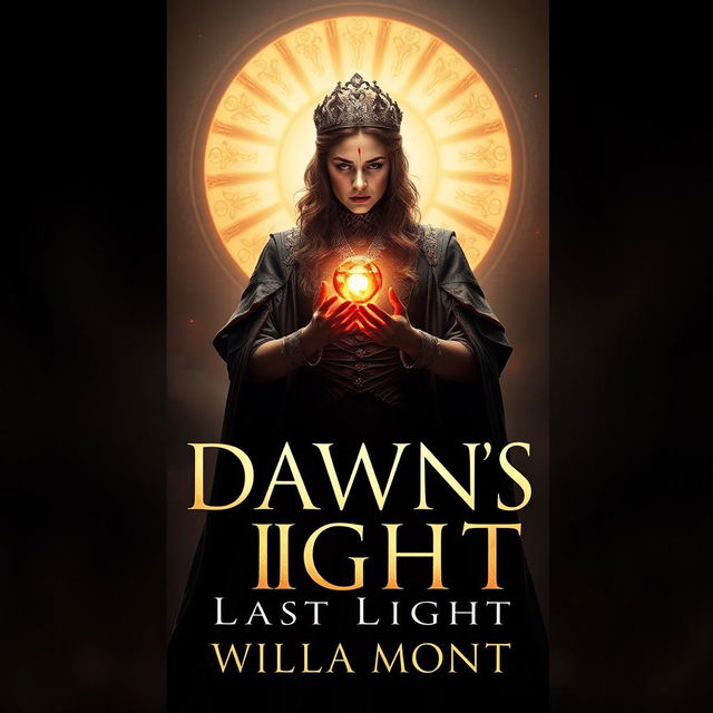 An intense and evocative book cover for 'Dawn's Last Light' by Willa Mont, featuring a royal woman adorned in a striking gown that showcases bloodstains, hinting at a tumultuous history