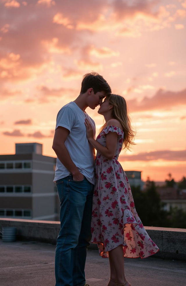 A heartwarming scene depicting two high school students deeply engrossed in each other's eyes during a sunset on the school rooftop