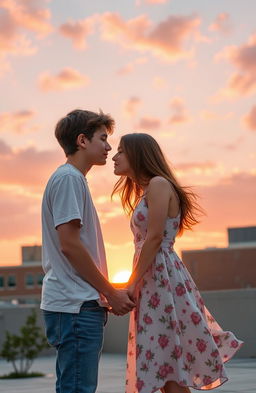 A heartwarming scene depicting two high school students deeply engrossed in each other's eyes during a sunset on the school rooftop