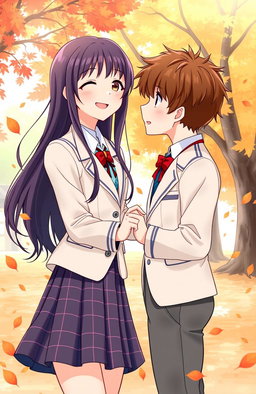 A romantic and heartwarming illustration for a novel cover, featuring two high school students in traditional school uniforms
