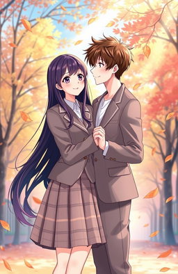 A romantic and heartwarming illustration for a novel cover, featuring two high school students in traditional school uniforms