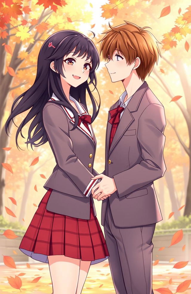 A romantic and heartwarming illustration for a novel cover, featuring two high school students in traditional school uniforms