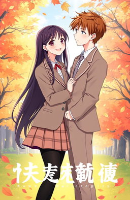 A romantic and heartwarming illustration for a novel cover, featuring two high school students in traditional school uniforms