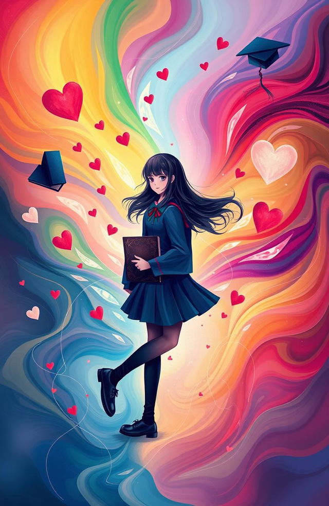 An abstract representation of two high school students in uniform, surrounded by swirling colors and shapes symbolizing love and emotion