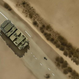 aerial view of 2 armored vehicles on a one-lane freeway followed by 10 combatants in military fatigue, armed with assault rifles, missile launcher and radio