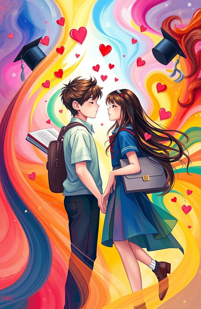 An abstract representation of two high school students in uniform, surrounded by swirling colors and shapes symbolizing love and emotion