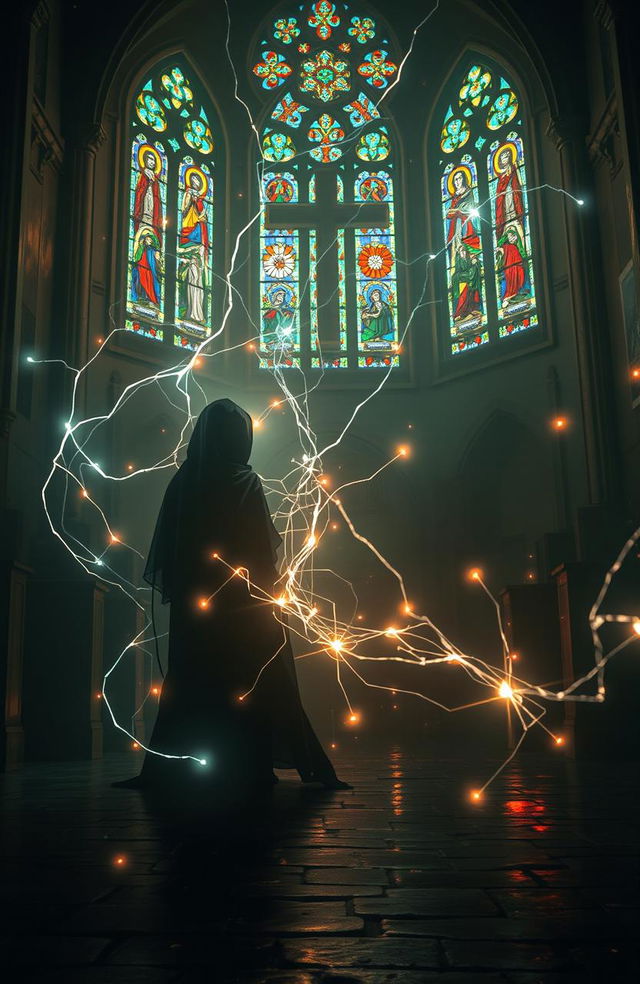 A captivating scene inside a Christian church featuring two faceless characters, Leriah and Zaiuz, shrouded in mystery