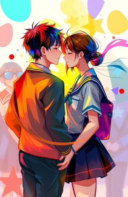 An abstract representation of two high school students in uniforms, portraying their blossoming love