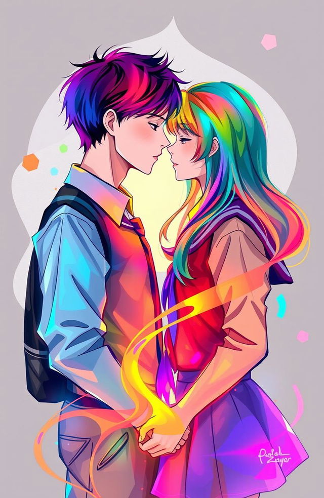 An abstract representation of two high school students in uniforms, portraying their blossoming love