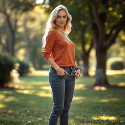 A full-length portrait of a 35-year-old woman with light blonde hair and European features, standing with a confident pose that highlights her elegant long legs