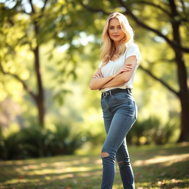 A full-length portrait of a 35-year-old woman with light blonde hair and European features, standing with a confident pose that highlights her elegant long legs