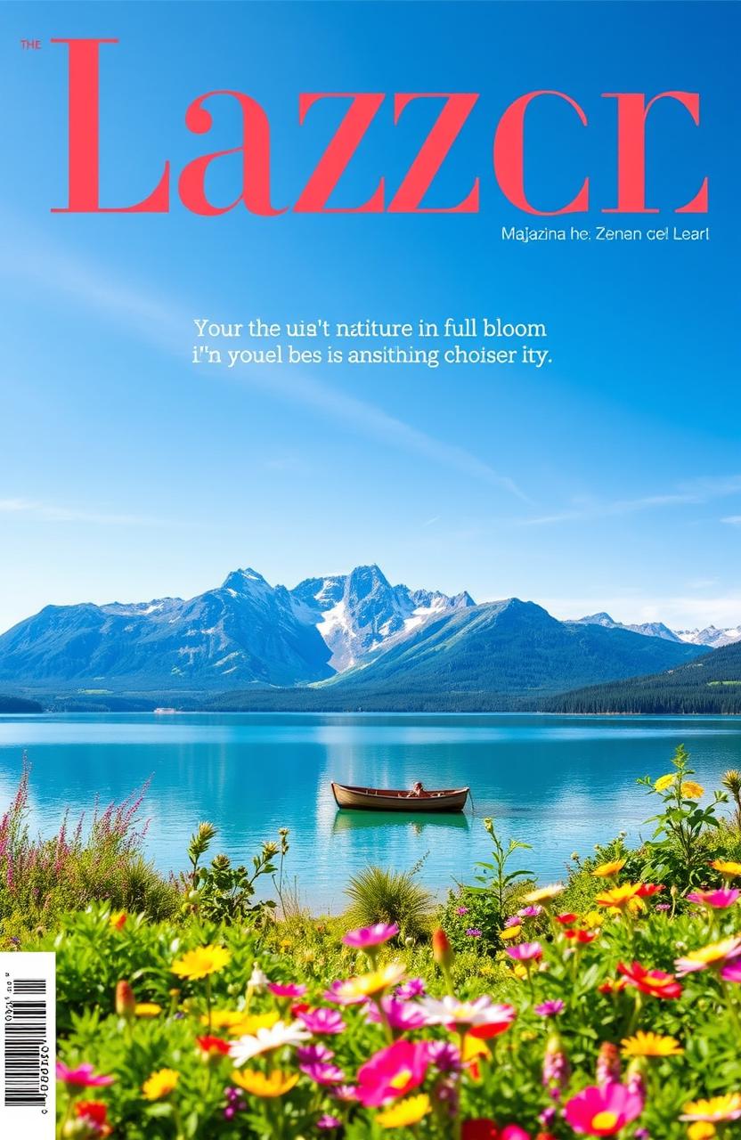 A beautifully designed magazine book cover featuring a stunning landscape of a serene lake surrounded by majestic mountains under a clear blue sky