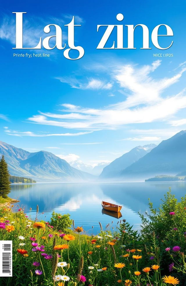 A beautifully designed magazine book cover featuring a stunning landscape of a serene lake surrounded by majestic mountains under a clear blue sky