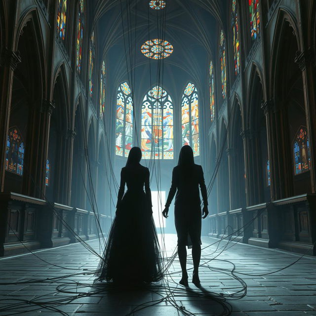 A captivating scene titled 'String of Uncertainty' featuring two faceless figures named Leriah and Zaiuz standing together inside a majestic Christian church