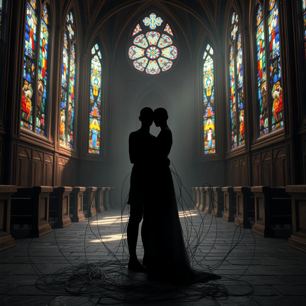 A captivating scene titled 'String of Uncertainty' featuring two faceless figures named Leriah and Zaiuz standing together inside a majestic Christian church