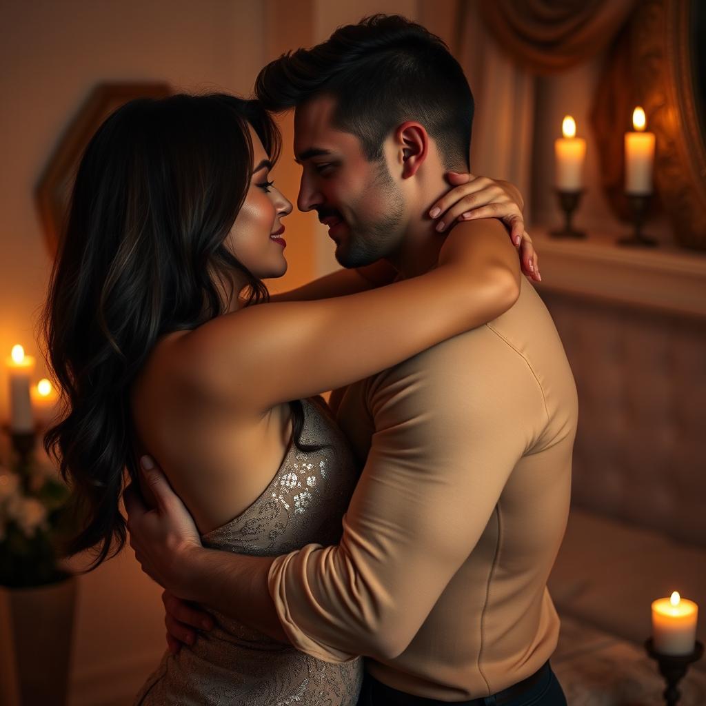 A sensual and intimate scene involving a couple engaging in a romantic embrace in a softly lit room