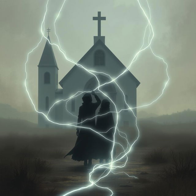 A mysterious scene featuring two faceless characters, Leriah and Zaiuz, in an enigmatic setting outside of a church