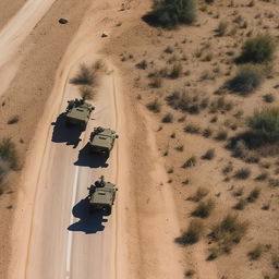 aerial view of 2 armored vehicles on a one-lane freeway followed by 10 combatants in military fatigue, armed with assault rifles, missile launcher and radio