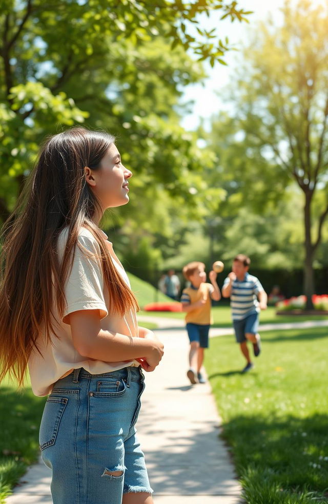 A heartfelt scene of a high school student, a teenage girl, looking longingly at a younger boy playing joyfully with his father in a sunny, green park