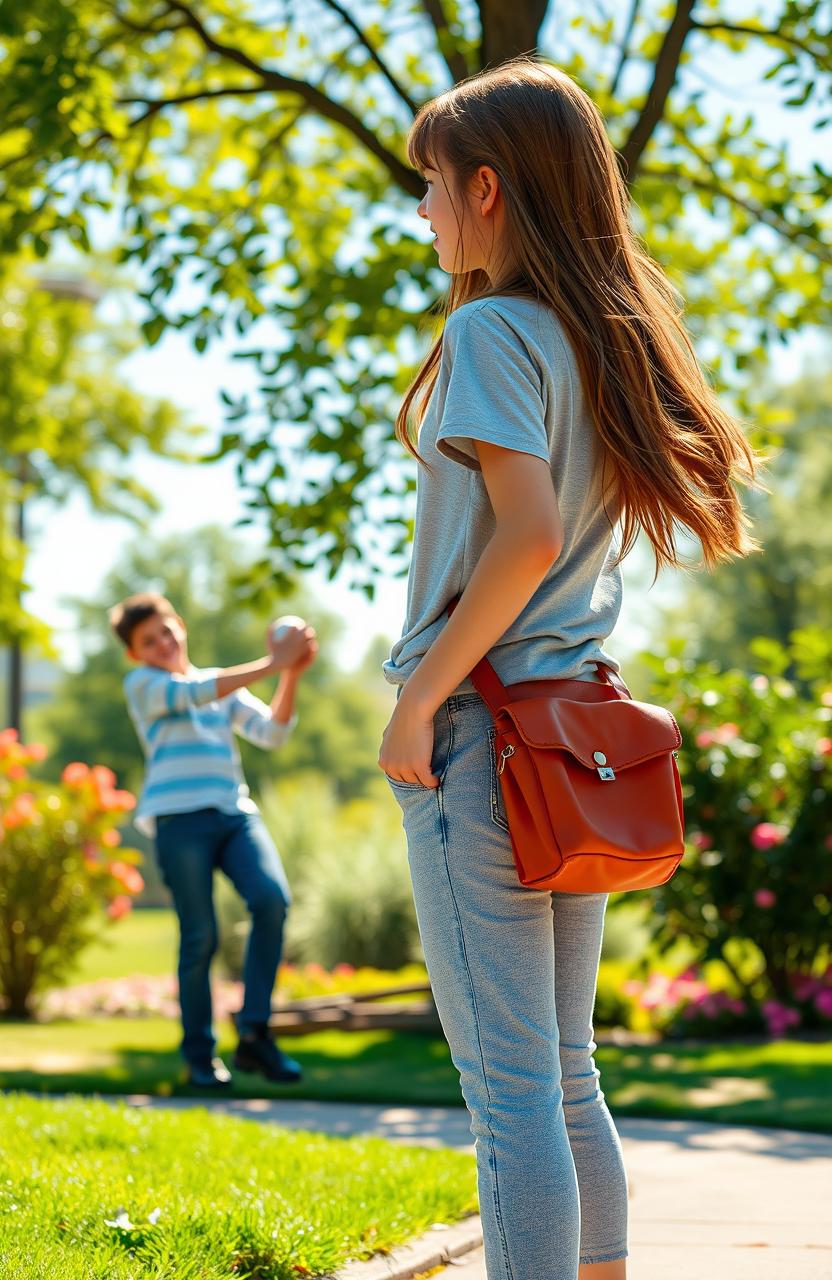 A heartfelt scene of a high school student, a teenage girl, looking longingly at a younger boy playing joyfully with his father in a sunny, green park