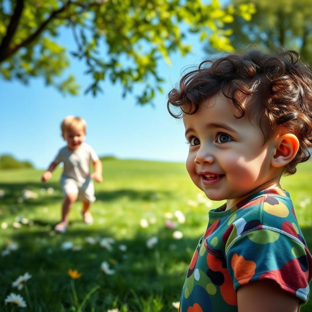 A charming scene of a young child, around 5 years old, observing with wide eyes and a joyful expression as another child of similar age plays gleefully with his father in a sunny park