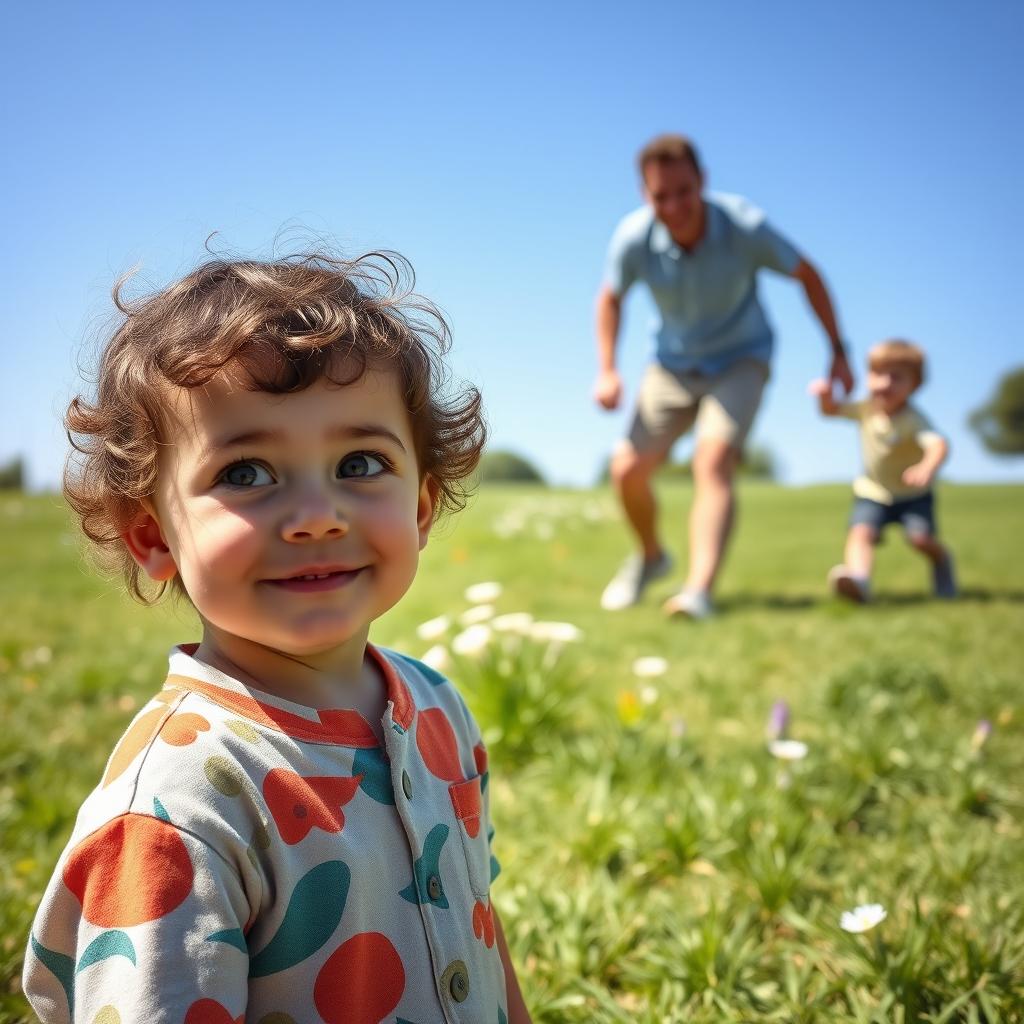 A charming scene of a young child, around 5 years old, observing with wide eyes and a joyful expression as another child of similar age plays gleefully with his father in a sunny park