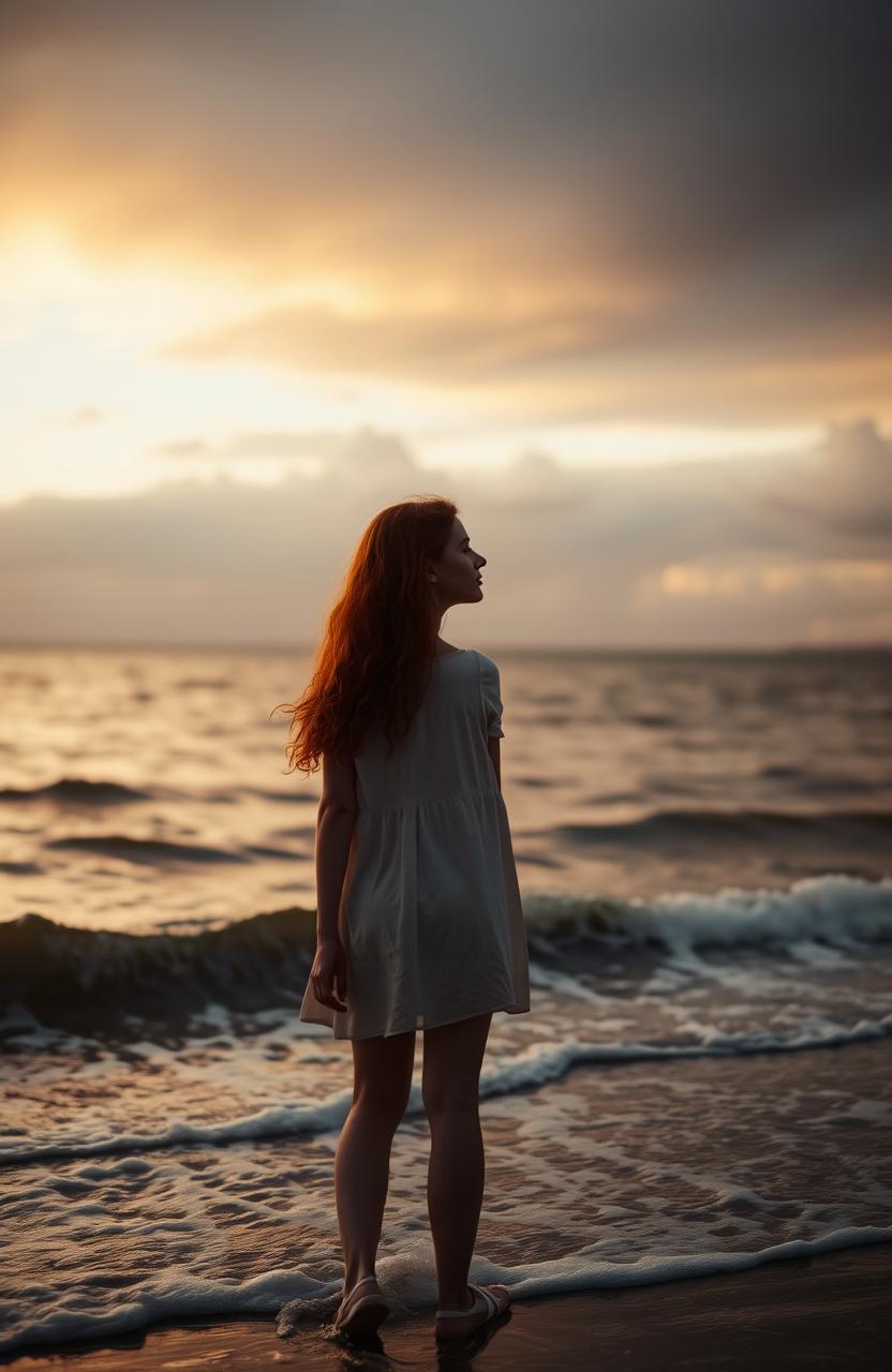 A young redheaded woman standing at the shore, gazing thoughtfully at the horizon